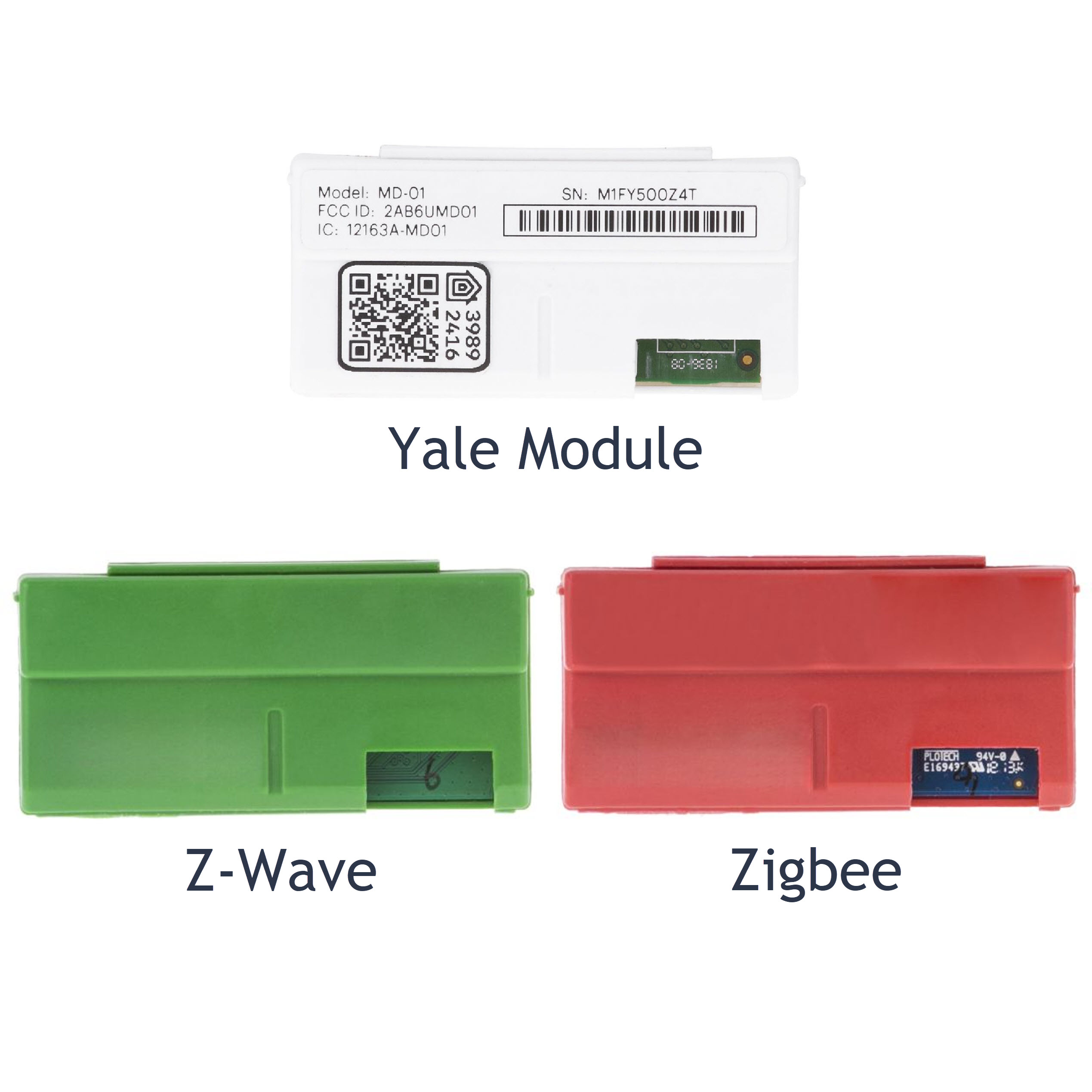 Yale network modules — Door Module, Zigbee and Z-Wave comparison Yale Door Module (white), Zigbee Module (red) and Z-Wave Module (green) side by side comparison
