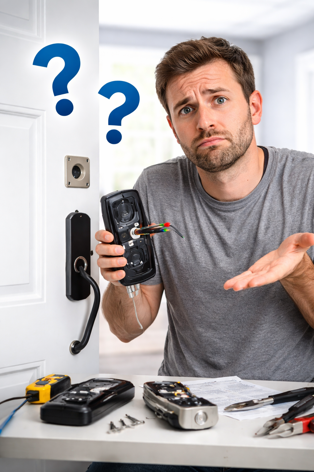 Man holding smart lock exterior unit with question marks &mdash; DIY installation troubleshooting